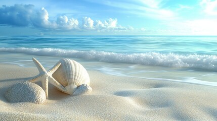 A serene coastal scene featuring seashells on soft sand with gentle waves lapping at the shore under a bright blue sky.