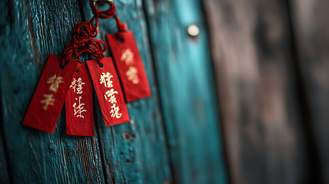 Festive red Chinese couplets hanging on wooden door, symbolizing good fortune and happiness