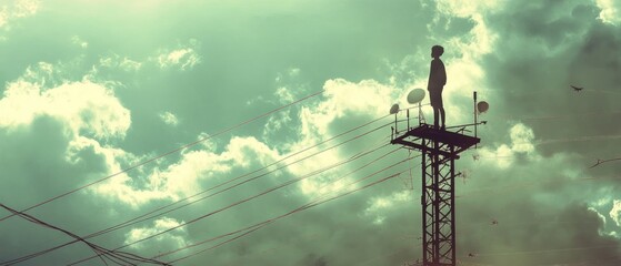 Obraz premium A figure stands on a tower, gazing at a cloudy sky.
