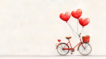 red bicycle with heart shaped balloons and basket of fruits evokes joy and love