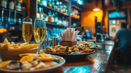 Fototapeta premium Sampling traditional tapas in a lively bar in Seville, Spain, surrounded by vibrant energy