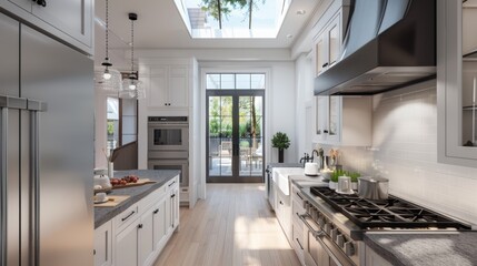 A modern kitchen featuring white cabinetry, soapstone countertops
