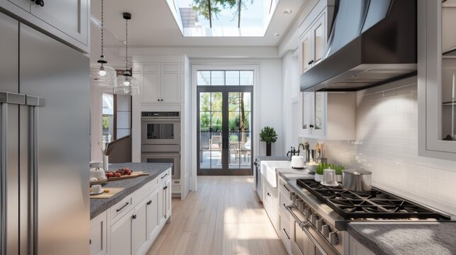A modern kitchen featuring white cabinetry, soapstone countertops