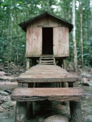 Rustic wooden cabin in lush forest