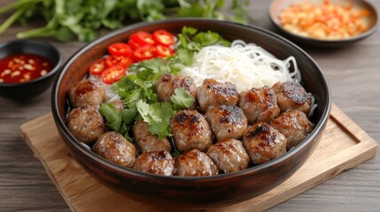 A bowl of grilled meatballs served with noodles, herbs, and chili for a flavorful meal.