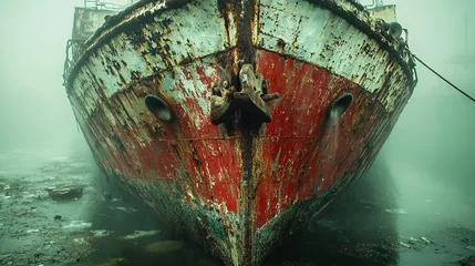 An old, rusty fishing boat sits abandoned on the beach