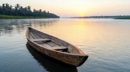 Obraz premium Wooden boat on serene lake at sunset