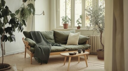 Cozy living room with green sofa, plants, and natural light.