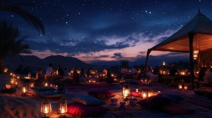 Scenic desert countdown party, guests seated on vibrant cushions under a starlit sky, surrounded by soft lanterns and warm firepits,