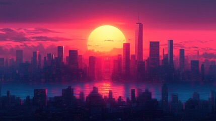 Futuristic City Skyline at Sunset with Art Deco and Modern Architecture in Vector Style
