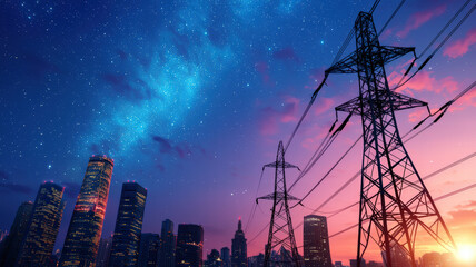 A vibrant city skyline at dusk, featuring power lines under a starry sky, blending urban life with the beauty of the cosmos.