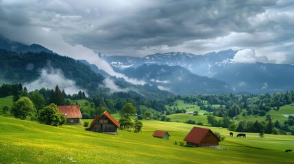 Dairy farm with cows grazing in a green pasture under a cloudy sky