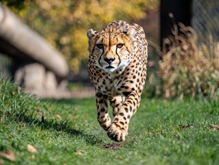 Obraz premium Fast Cheetah Running Through Green Grass, Wild Cat Nature