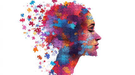 Human head profile and jigsaw puzzle, cognitive psychology or psychotherapy concept, mental health, brain problem, personality disorder, vector line design, Created using generative AI tools, leaving 