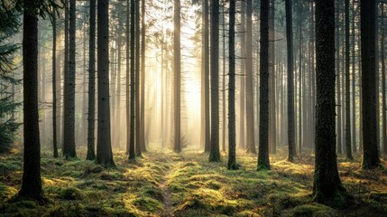 A dense, misty forest with tall pine trees, sunlight filtering through the branches, creating a magical atmosphere