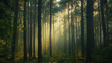 A dense, misty forest with tall pine trees, sunlight filtering through the branches, creating a magical atmosphere