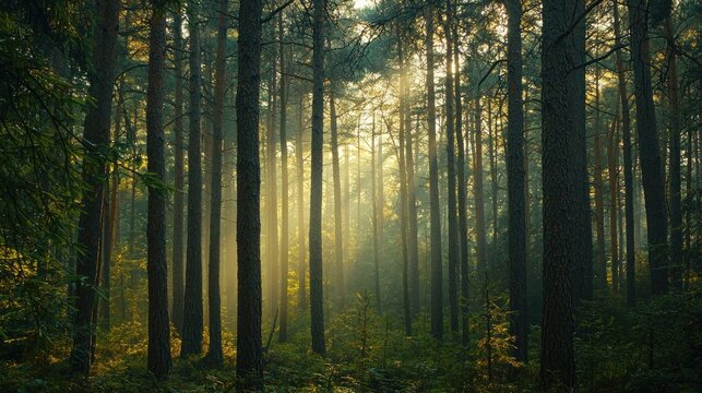 A dense, misty forest with tall pine trees, sunlight filtering through the branches, creating a magical atmosphere - Powered by Adobe