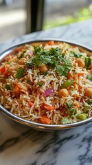 A bowl of colorful vegetable biryani garnished with fresh herbs.