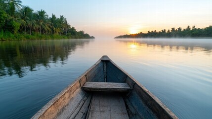Obraz premium Serene sunrise over tranquil river with wooden boat