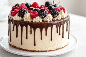 Delicious chocolate drip cake with fresh berries