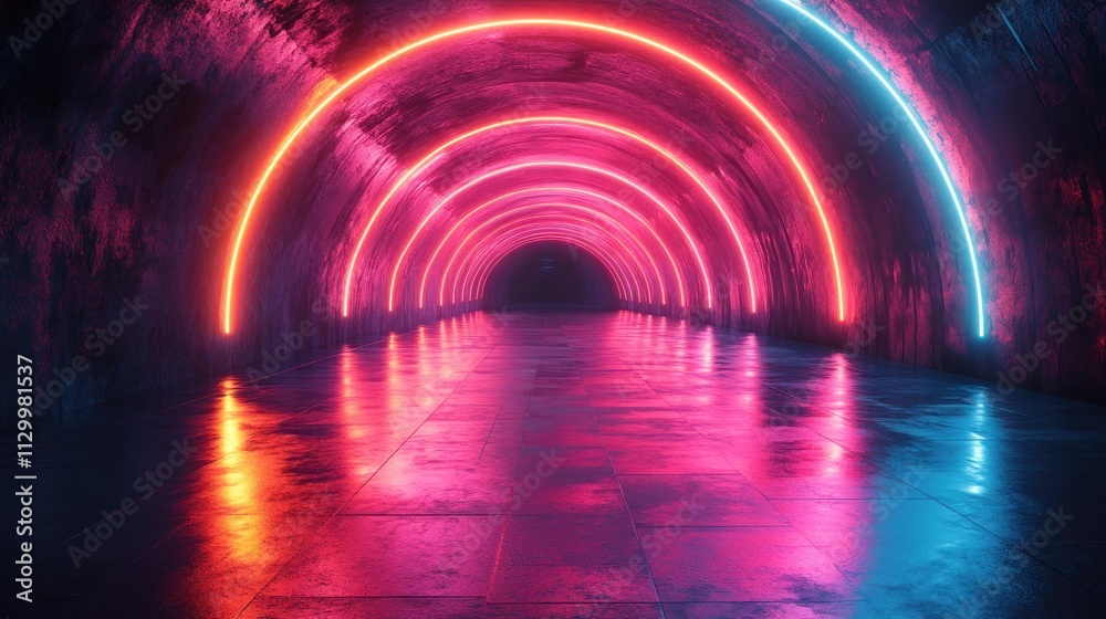 Aufkleber futuristic neon tunnel dynamic perspective cyberpunk style vibrant lights reflection abstract techno