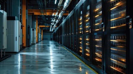 A clean-energy storage facility with rows of large industrial batteries