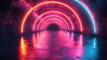 Futuristic Neon Tunnel Dynamic Perspective Cyberpunk Style Vibrant Lights Reflection Abstract Technology Scene