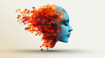 Human head profile and jigsaw puzzle, cognitive psychology or psychotherapy concept, mental health, brain problem, personality disorder, vector line design, Created using generative AI tools, leaving 