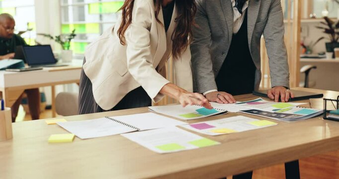 Teamwork, colleagues and discussion for project, smile and planning for Interior design, talking and notes. Office, collaboration and people with documents for ideas, happy and organizing on desk