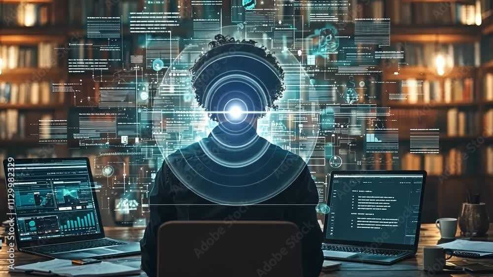 Poster a person engaged in advanced data analysis in a library with multiple laptops and digital displays