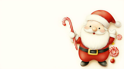 Fototapeta premium Cute Santa waving while holding candy cane, surrounded by festive treats