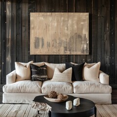 Farmhouse country-style modern living room with a beige sofa, black wooden wall, and textured accents creating a cozy and sophisticated interior design