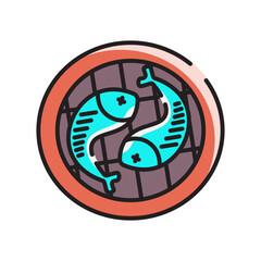 Made in uk Two Turquoise Fish on a Brown Grid in a Reddish Circle Graphic Design