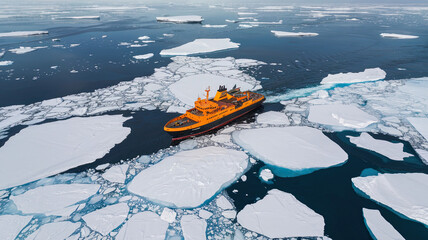 Fototapeta premium Aerial View of Icy Waters with Floating Ice Chunks, Vibrant Ship Sailing Amidst Blue and White Landscape, Journey Through Arctic or Antarctic Exploration Scene