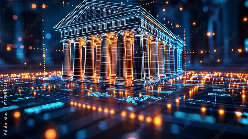 Poster digital representation of a classical building illuminated by glowing data and technology concepts