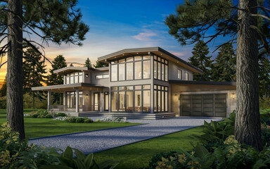 Obraz premium beautiful modern-style two-story white villa with large windows, a garage, and a beautiful outdoor garden surrounded by large trees. The villa is set against a backdrop of a blue sky at sunset.