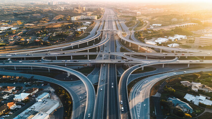 Aerial View of Complex Highway Interchange with Curving Roads, Cars in Motion, Surrounding Residential Areas, Patches of Greenery, and Warm Golden Glow from Rising or Setting Sun Highlighting Urban 