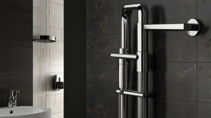 Modern chrome heated towel rail in a contemporary bathroom.