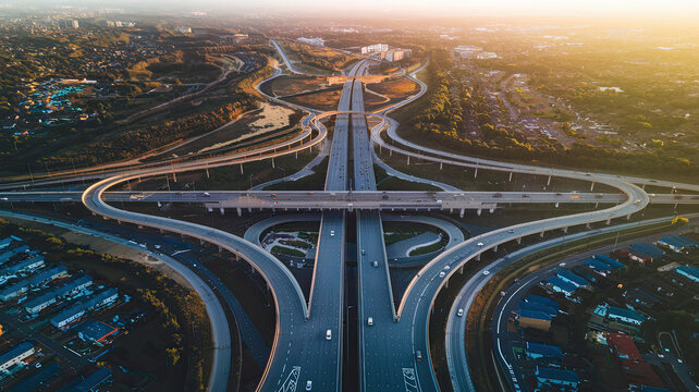 Aerial View of Complex Highway Interchange with Curving Roads, Cars in Motion, Surrounding Residential Areas, Patches of Greenery, and Warm Golden Glow from Rising or Setting Sun Highlighting Urban 