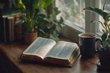 Open Bible on wooden table, coffee nearby, plants in background. Perfect for concepts of faith, study, or peaceful mornings.