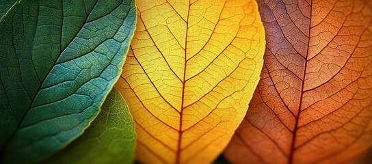 Macro close up of autumn leaves in green yellow and brown colors showcasing textures and veins