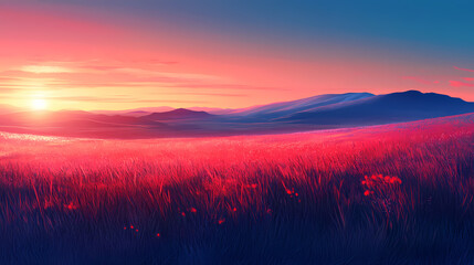 Breathtaking fields sunrise showcasing serenity glistening vibrant rolling horizon under clear blue sky, nature, meadow, grass, light, atmosphere. Solaris. Illustration