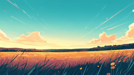Fototapeta premium Breathtaking fields sunrise showcasing serenity glistening vibrant rolling horizon under clear blue sky, nature, meadow, grass, light, atmosphere. Solaris. Illustration