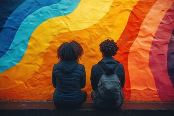 Interracial Gay Lesbian Women in Wheelchairs Back to Back Against Rainbow Mural Celebrating Pride Month