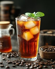 A refreshing iced beverage with mint and coffee beans on a wooden table.