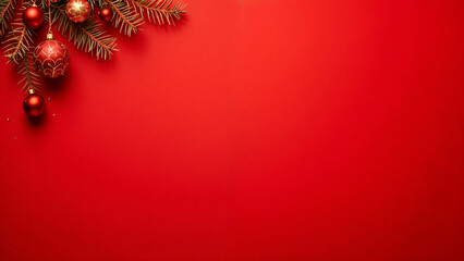 Festive Red Christmas Background with Elegant Pine Branches and Holiday Ornament Decorations