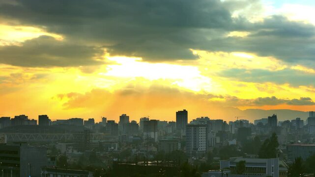 View of the skyline of Addis Ababa, Ethiopia at sunset.