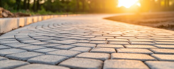 A winding stone pathway illuminated by the warm glow of the setting sun, surrounded by lush...