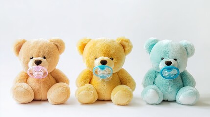 Obraz premium Small Adorable Baby Teddy Bears with Pacifiers or Baby Bottles on a White Background