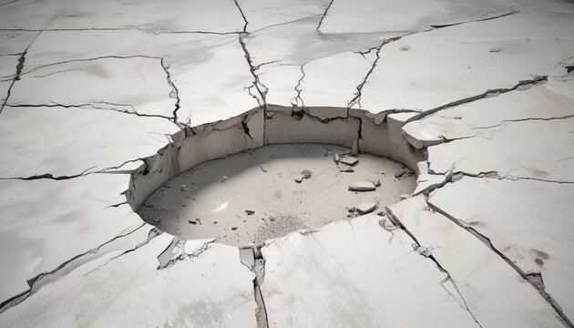 Close-up of broken white concrete floor with gray cracks, grimey, decayed, worn-down